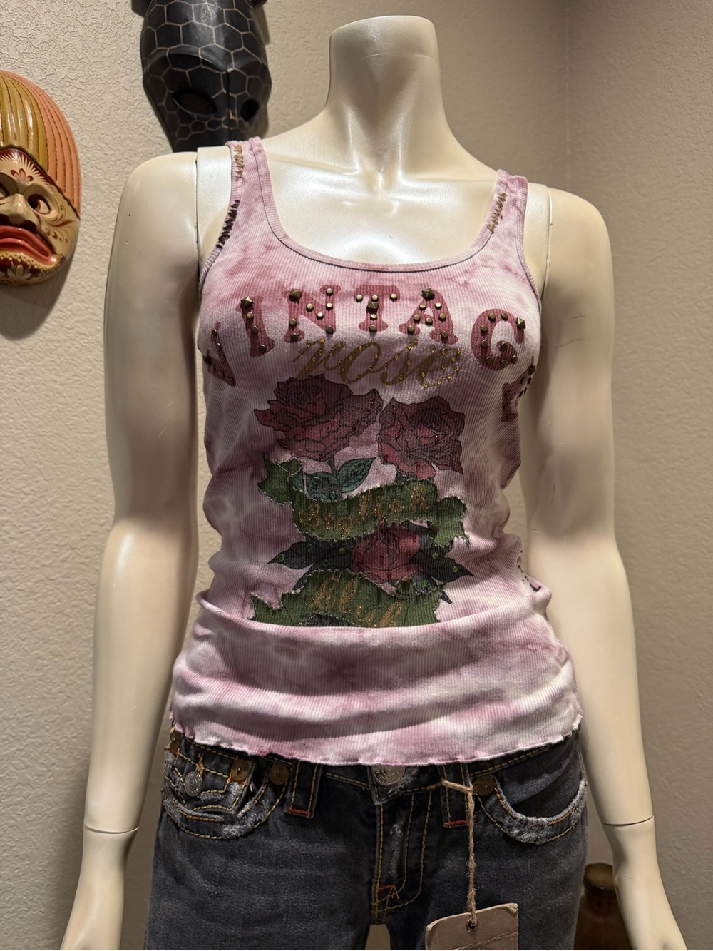 Vintage Y2K Love Junkie Embellished Rose Tank Top - Pink Tie Dye Small